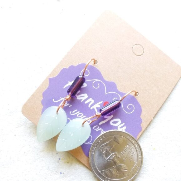 Purple + Mint Green Summer Leaf Earrings! Handmade Copper Earwires - Lightweight - Picture 4 of 7